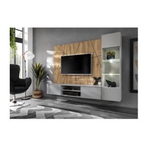 Ensemble IXAR géométrique avec meuble TV vitrine et panneaux muraux mis en situation dans un décor 3D