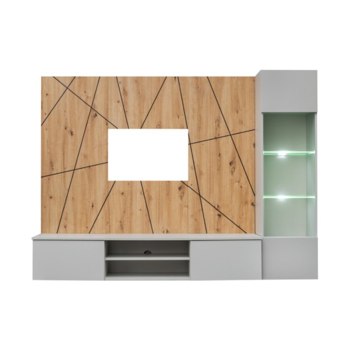 Ensemble IXAR géométrique avec meuble TV vitrine et panneaux muraux