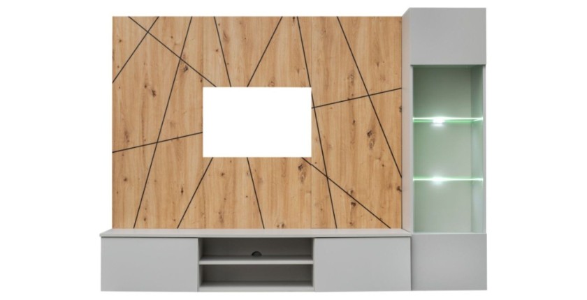 Ensemble IXAR géométrique avec meuble TV vitrine et panneaux muraux