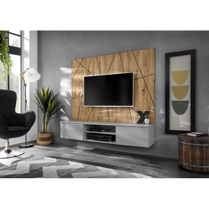 Ensemble IXAR géométrique meuble TV et panneaux muraux mis en situation dans un décor 3D