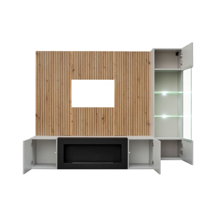 Ensemble de salon meuble TV avec cheminée, vitrine et panneaux muraux ouvert