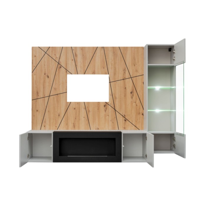 Composition murale IXAR géométrique – Meuble TV, vitrine suspendue, panneaux muraux et cheminée bio-éthanol