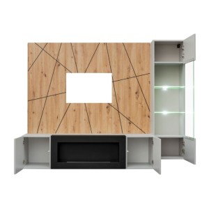 Composition murale IXAR géométrique – Meuble TV, vitrine suspendue, panneaux muraux et cheminée bio-éthanol