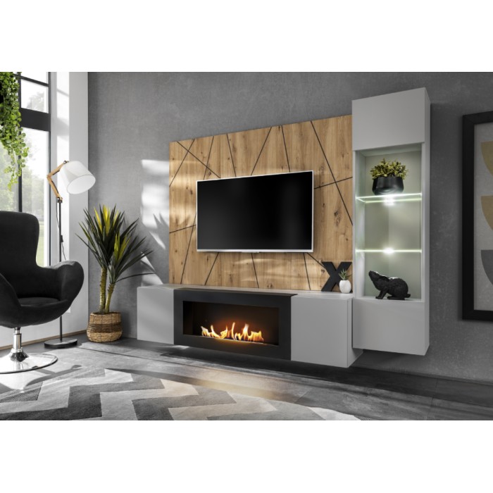 Ensemble de salon IXAR géométrique avec meuble TV et cheminée, vitrine et panneaux muraux ouvert