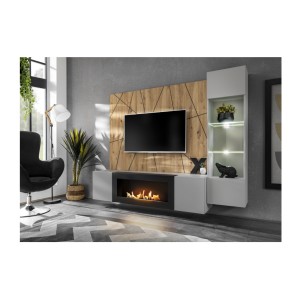 Ensemble de salon IXAR géométrique avec meuble TV et cheminée, vitrine et panneaux muraux ouvert