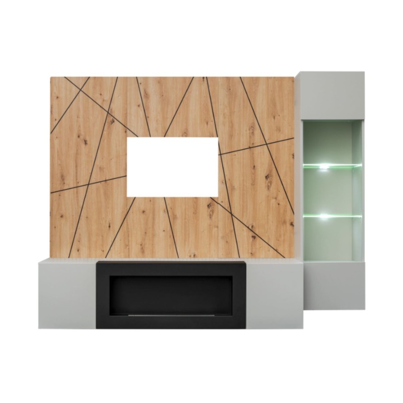 Ensemble de salon IXAR géométrique avec meuble TV et cheminée, vitrine et panneaux muraux