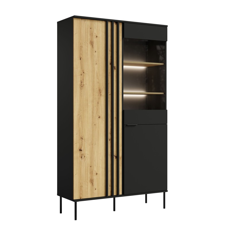 Vitrine design IZO – 2 portes – Noir onyx & Chêne clair – 110x195x40 cm