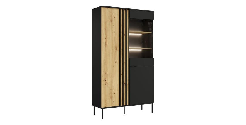 Vitrine design IZO – 2 portes – Noir onyx & Chêne clair – 110x195x40 cm