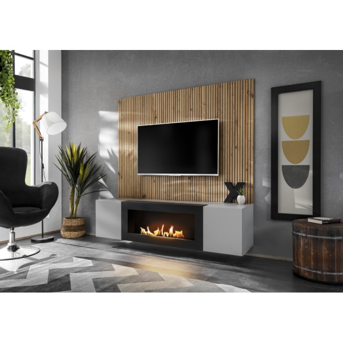 Ensemble de salon IXAR meuble TV avec cheminée bio-éthanol et panneaux muraux mis en situation dans un décor 3D
