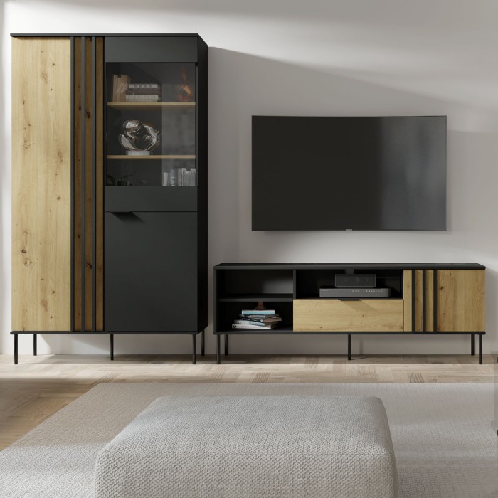 Vitrine design IZO – 2 portes – Noir onyx & Chêne clair – 110x195x40 cm
