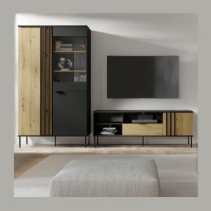 Vitrine design IZO – 2 portes – Noir onyx & Chêne clair – 110x195x40 cm