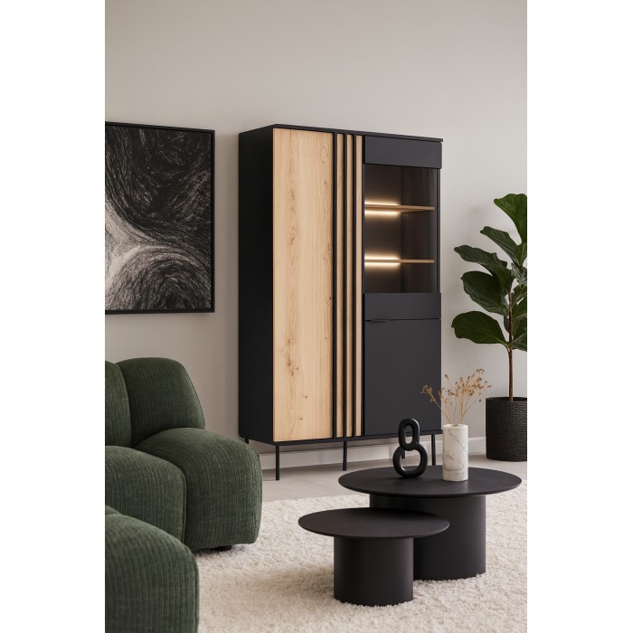 Vitrine design IZO – 2 portes – Noir onyx & Chêne clair – 110x195x40 cm