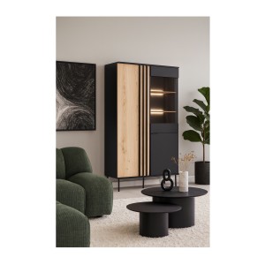 Vitrine design IZO – 2 portes – Noir onyx & Chêne clair – 110x195x40 cm