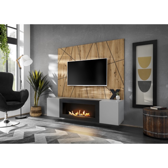 Ensemble de salon  IXAR géométrique meuble TV avec cheminée bio-éthanol et panneaux muraux mis en situation dans un décor 3D