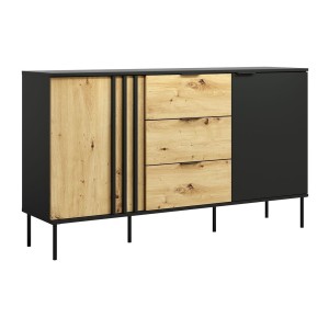 Buffet design IZO – 2 portes & 3 tiroirs – Noir onyx & Chêne clair – 165x92x40 cm