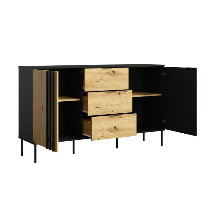 Buffet design IZO – 2 portes & 3 tiroirs – Noir onyx & Chêne clair – 165x92x40 cm