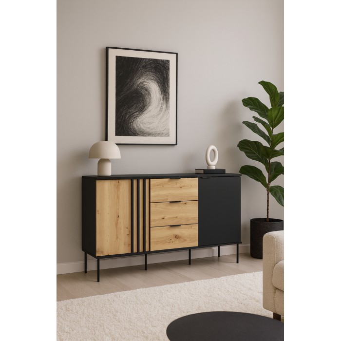 Buffet design IZO – 2 portes & 3 tiroirs – Noir onyx & Chêne clair – 165x92x40 cm