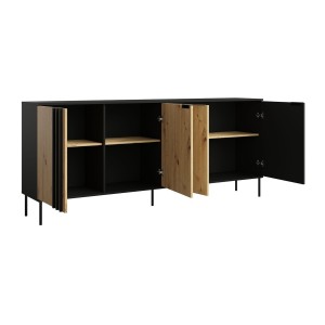 Buffet design IZO – 4 portes – Noir onyx & Chêne clair – 220x92x40 cm