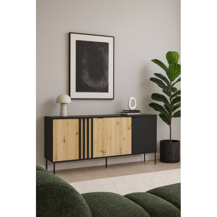 Buffet design IZO – 4 portes – Noir onyx & Chêne clair – 220x92x40 cm