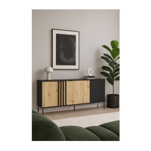 Buffet design IZO – 4 portes – Noir onyx & Chêne clair – 220x92x40 cm