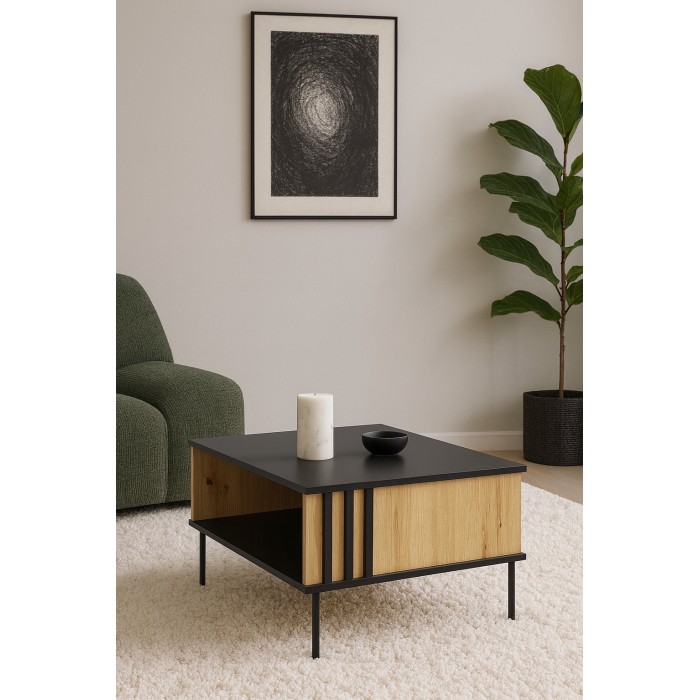 Table basse design IZO – Noir onyx & Chêne clair – 87x43x66 cm