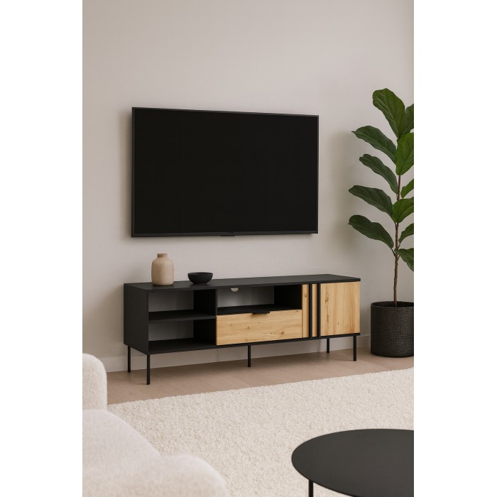 Meuble TV design IZO – Noir onyx & Chêne clair – 160x58x40 cm