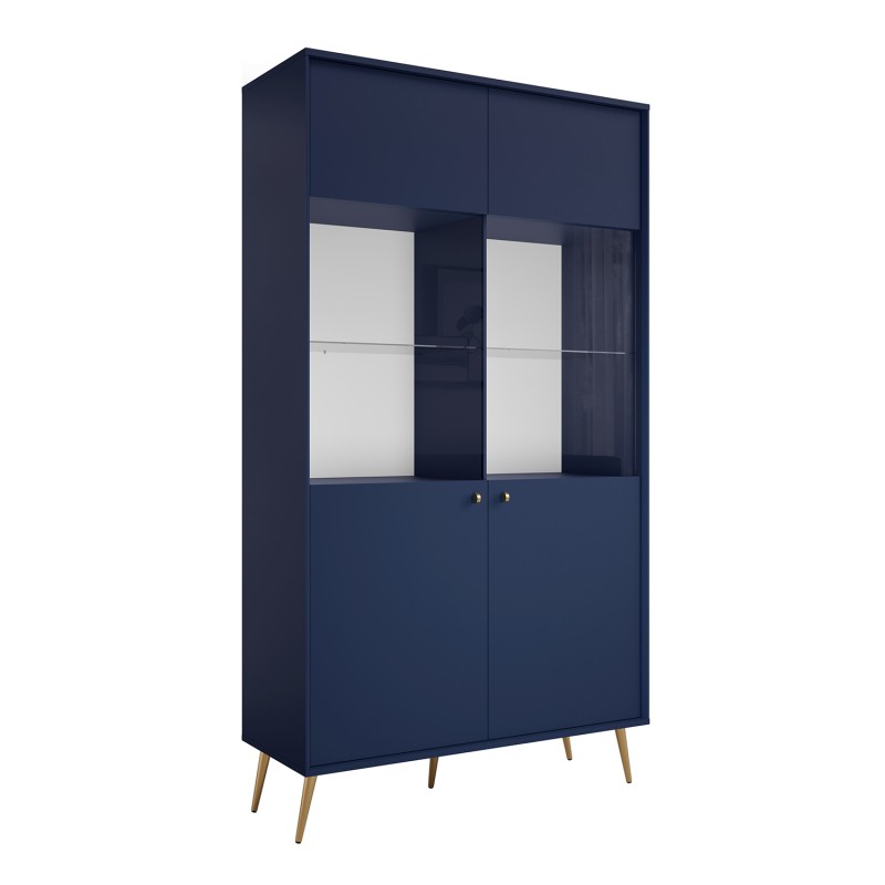 Vitrine design AZURÉA – 2 portes vitrées LED – Bleu profond – 106x191x41 cm