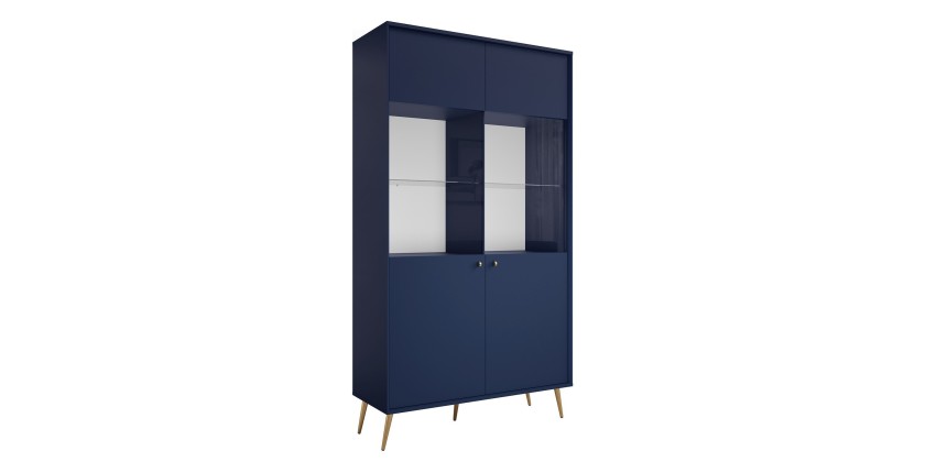 Vitrine design AZURÉA – 2 portes vitrées LED – Bleu profond – 106x191x41 cm