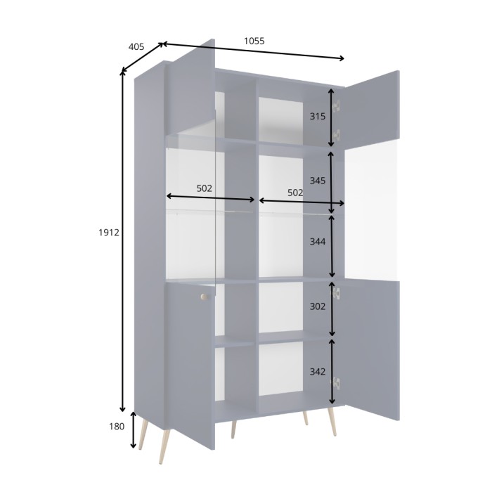 Vitrine design AZURÉA – 2 portes vitrées LED – Bleu profond – 106x191x41 cm