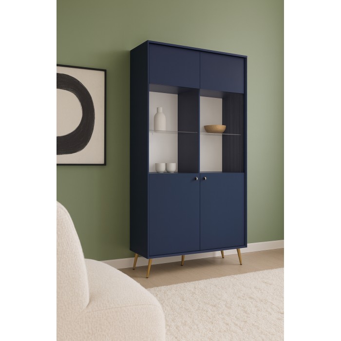 Vitrine design AZURÉA – 2 portes vitrées LED – Bleu profond – 106x191x41 cm