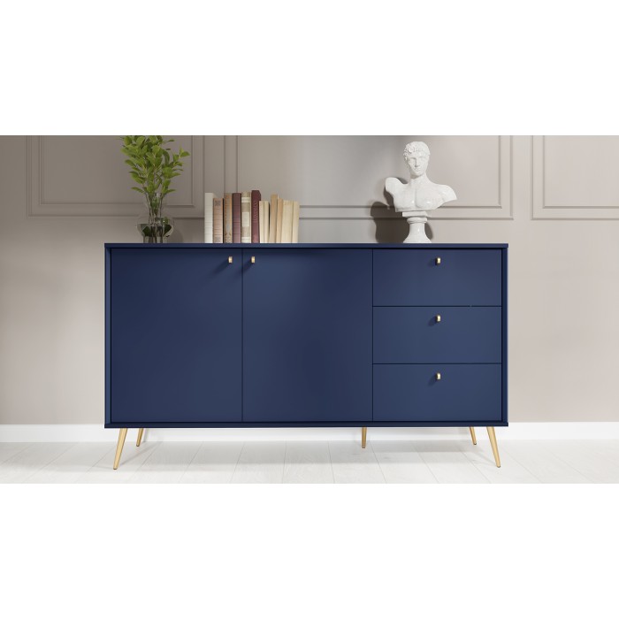 Buffet design AZURÉA – 2 portes & 3 tiroirs – Bleu profond – 156x89x41 cm