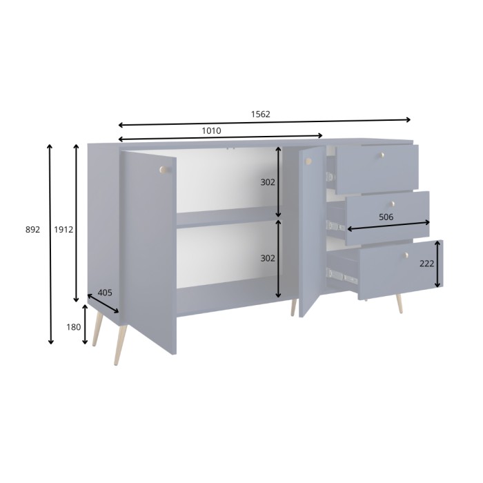 Buffet design AZURÉA – 2 portes & 3 tiroirs – Bleu profond – 156x89x41 cm