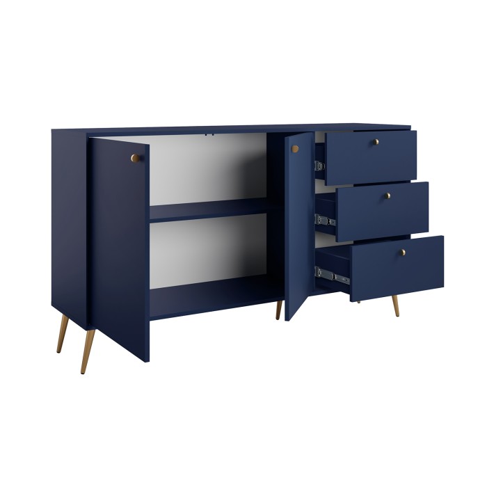 Buffet design AZURÉA – 2 portes & 3 tiroirs – Bleu profond – 156x89x41 cm