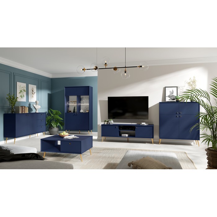 Meuble TV design AZURÉA – 2 portes & 2 niches – Bleu profond – 156x55x41 cm