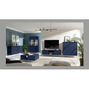Meuble TV design AZURÉA – 2 portes & 2 niches – Bleu profond – 156x55x41 cm