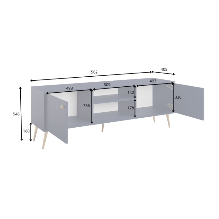 Meuble TV design AZURÉA – 2 portes & 2 niches – Bleu profond – 156x55x41 cm