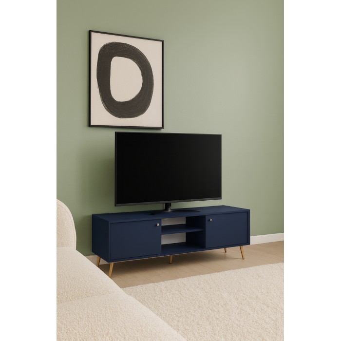Meuble TV design AZURÉA – 2 portes & 2 niches – Bleu profond – 156x55x41 cm