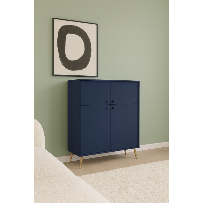 Buffet haut design AZURÉA – 2 portes battantes – Bleu profond – 105x122x41 cm
