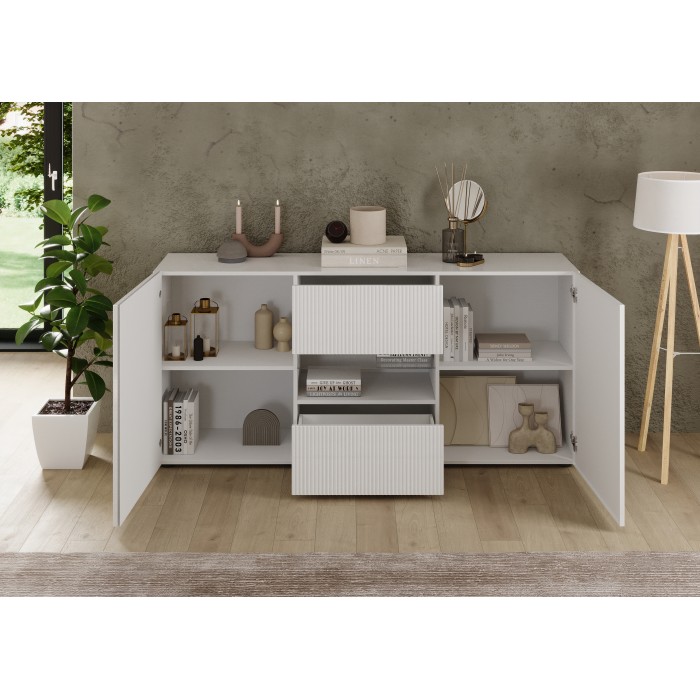 Buffet SCENA 2 portes et 2 tiroirs blanc laqué ouvert mis dans un décor 3D