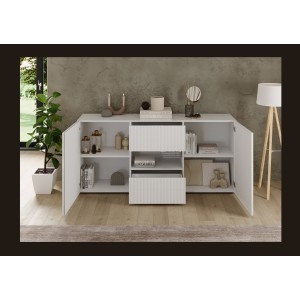 Buffet SCENA 2 portes et 2 tiroirs blanc laqué ouvert mis dans un décor 3D