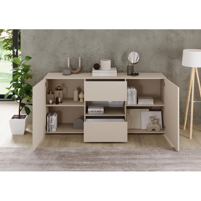 Buffet SCENA 2 portes et 2 tiroirs cachemire ouvert dans un décor 3D
