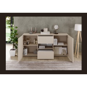Buffet SCENA 2 portes et 2 tiroirs cachemire ouvert dans un décor 3D