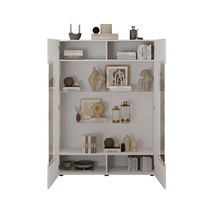 Vitrine SCENA blanc laqué 2 portes ouvertes
