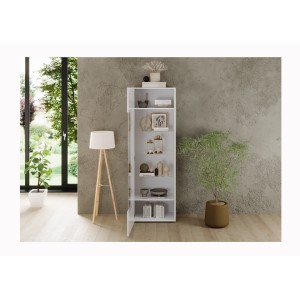 Vitrine SCENA 1 porte blanc laqué ouverte mise en situation dans un décor 3D