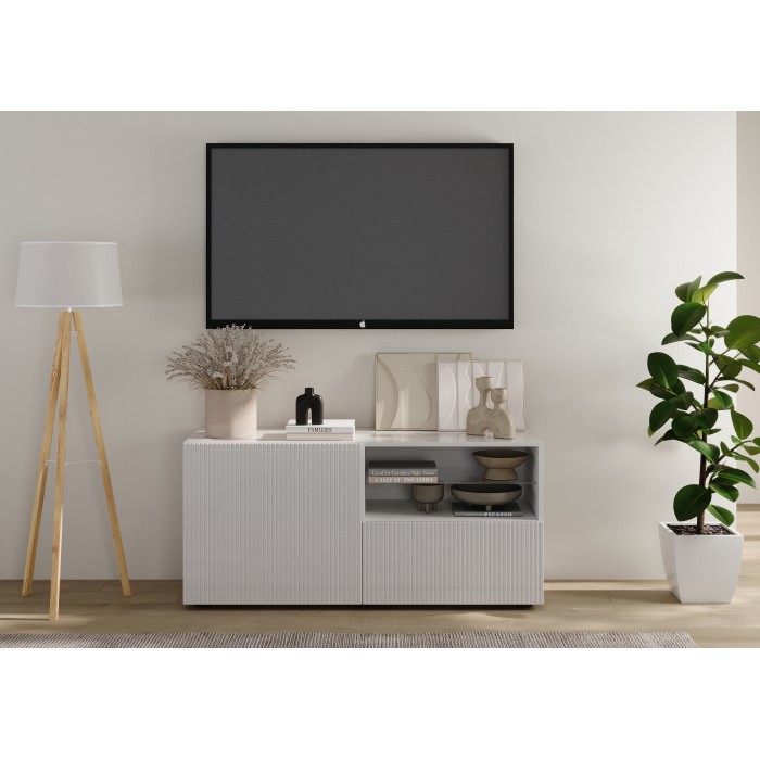 Buffet TV SCENA 1 porte 1 tiroir blanc laqué mis en situation dans un décor 3D