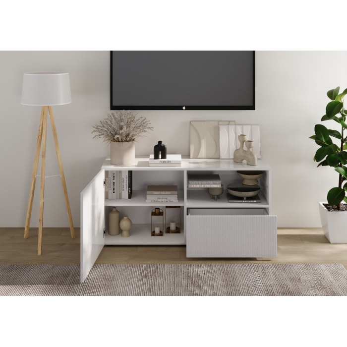 Buffet TV SCENA 1 porte 1 tiroir ouvert blanc laqué mis en situation dans un décor 3D