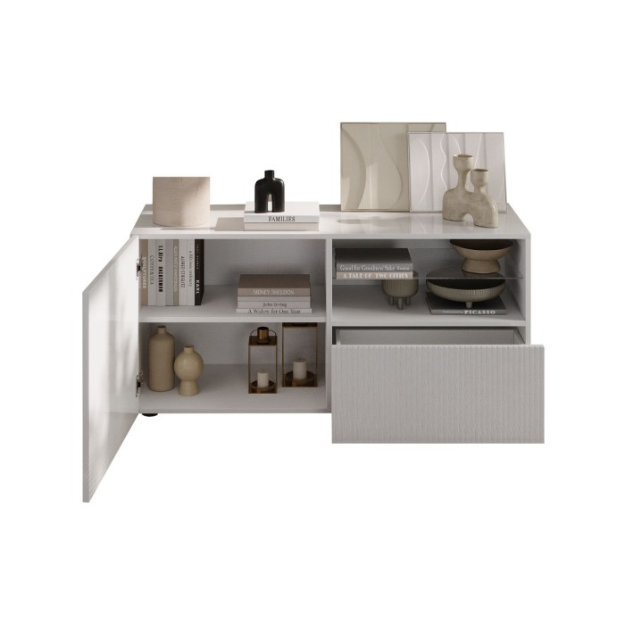 Buffet TV SCENA 1 porte 1 tiroir ouvert blanc laqué