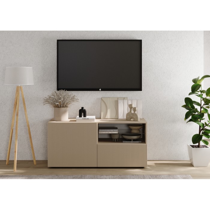 Meuble TV SCENA 1 porte 1 tiroir cachemire mis en situation dans un décor 3D