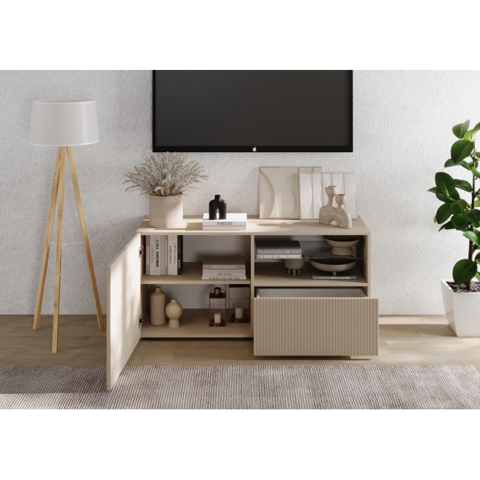 Meuble TV SCENA 1 porte 1 tiroir cachemire ouvert mis en situation dans un décor 3D