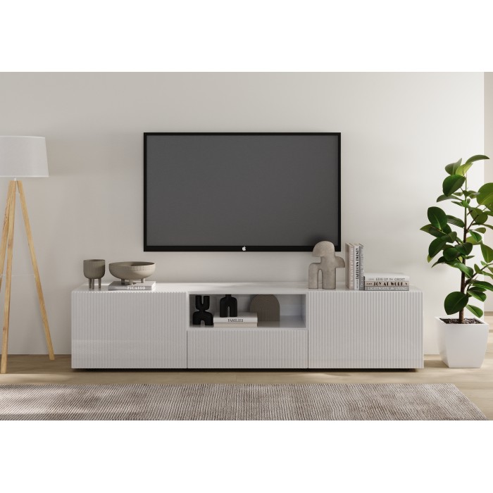 Meuble TV SCENA 2 portes 1 tiroir blanc laqué mis en situation dans un décor 3D